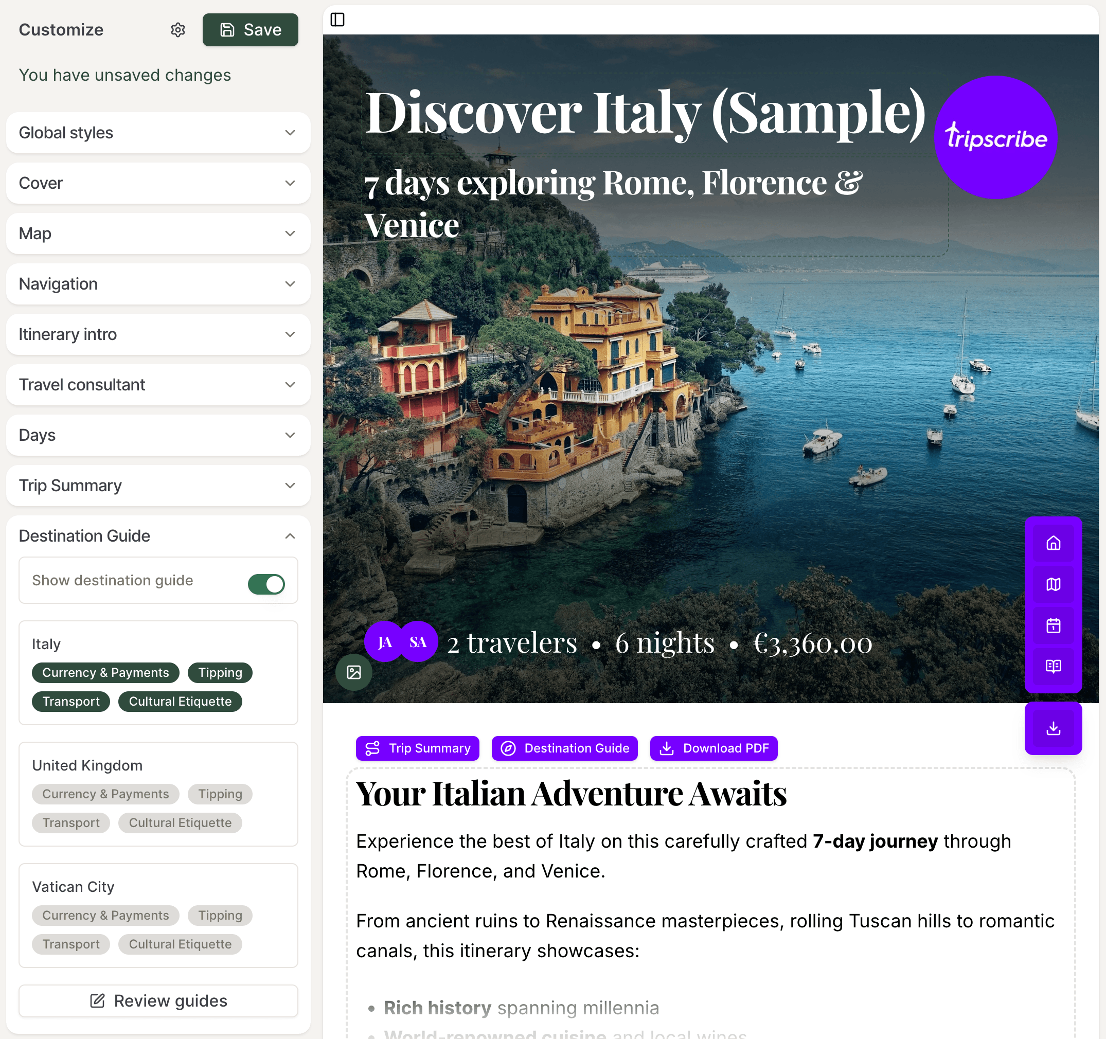 Itinerary designer with branding controls and live preview